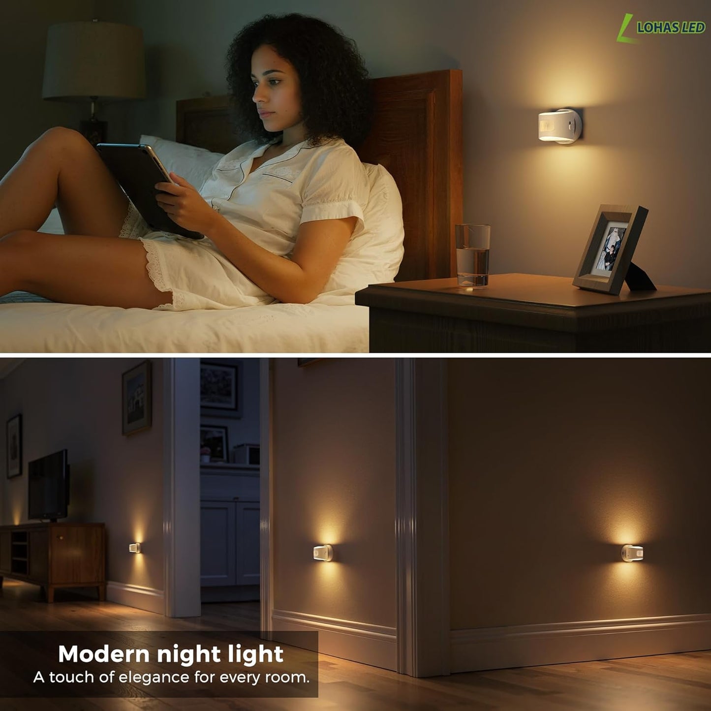 L LOHAS LED Motion Sensor Night Light, [2-Pack] Plug in Night Light with Motion Sensor and Dusk to Dawn Sensor, Brightness Adjustable, 3000K Soft White Nightlight for Bathroom Hallway Kitchen