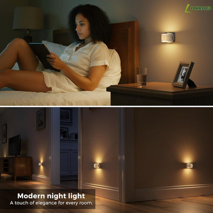 L LOHAS LED Motion Sensor Night Light, [2-Pack] Plug in Night Light with Motion Sensor and Dusk to Dawn Sensor, Brightness Adjustable, 3000K Soft White Nightlight for Bathroom Hallway Kitchen