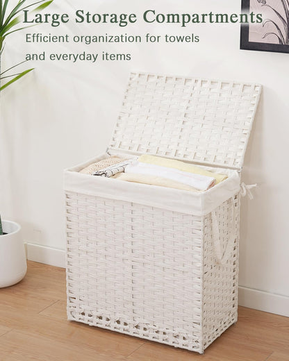 SETVSON Laundry Hamper with Lid Laundry Basket 132 L (35 Gal) Wicker Clothes Hamper, Handwoven Rattan Hamper with Handles and 4 Removable Liner Bags, 6 Mesh Bags for Laundry Bedroom Natural