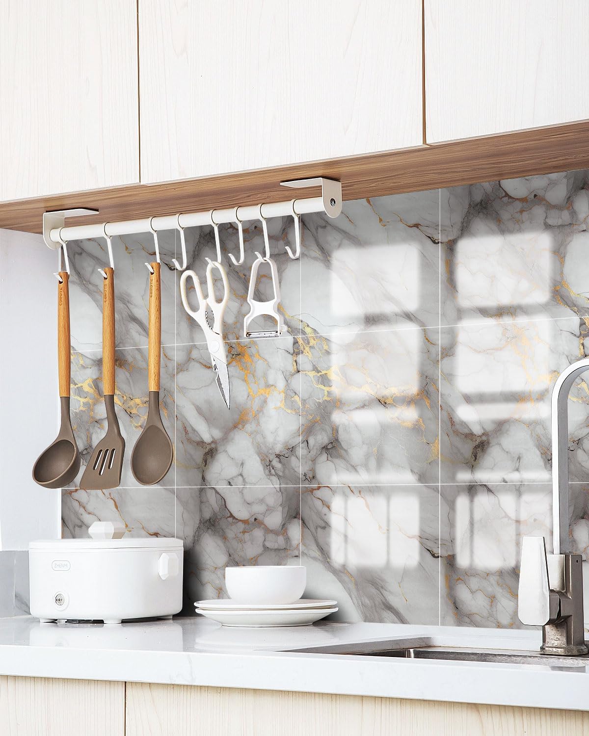 WADILE 10pcs Peel and Stick Shower Waterproof Marble Tiles Wall Panels, 11.8"x11.8" Self-Adhesive Backsplash, for Home Bathroom, Kitchen, Living Room White (Not Real Tile)