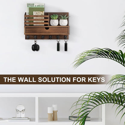 Key Holder Wall Mount, Mail Holder with Storage Drawer and 5 Key Hooks for Coat, Dog Leash, Home Decor Rack, House Accessories, Entry Way Organizer