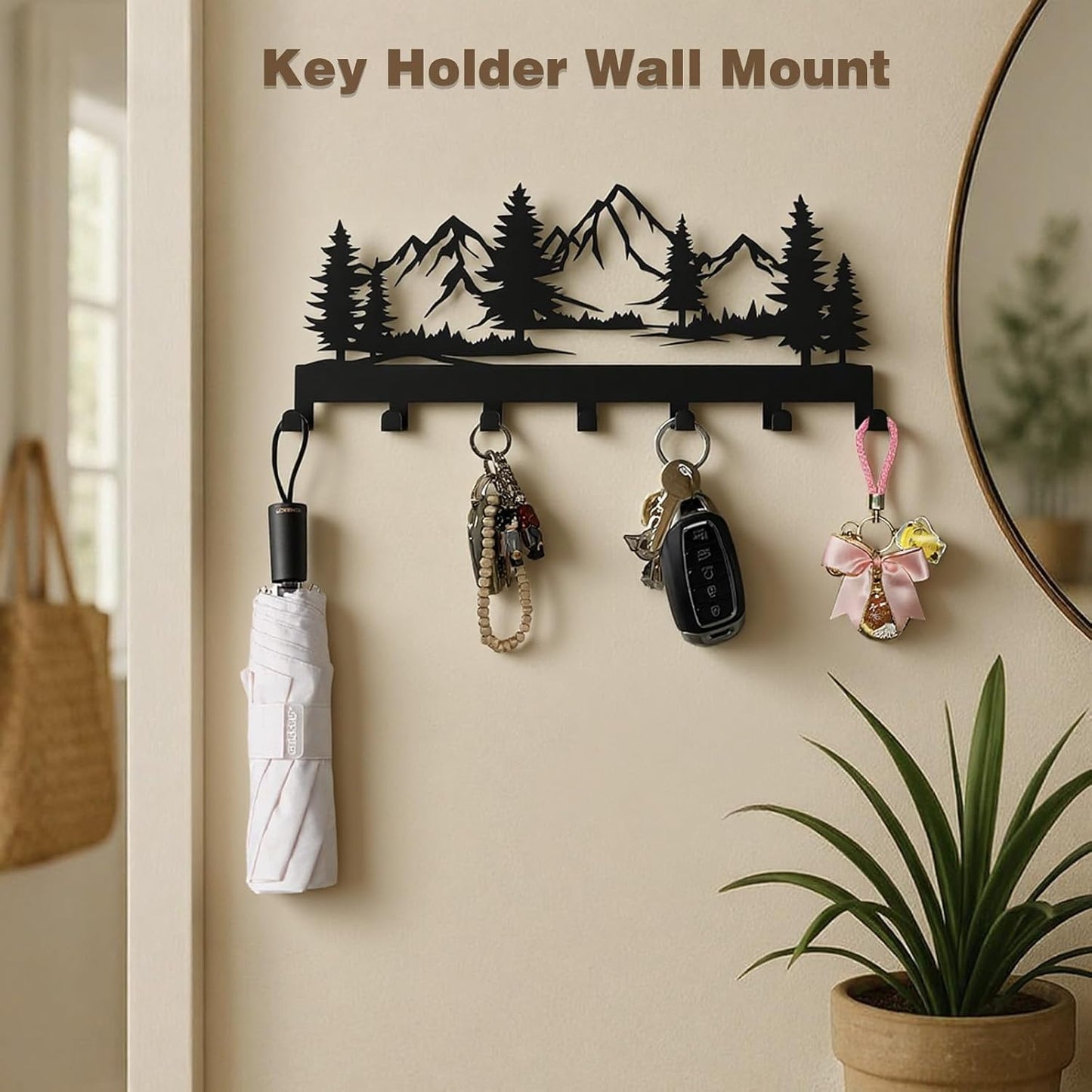 Key Holder Wall Mounted Key Hooks, Black Metal Key Rack Hooks, The Great Grove, Mountain Theme Wall Decoration Hooks, with 7 Hooks, Applicable to Front Doors, Lobby,Corridor, Offices (12 ")