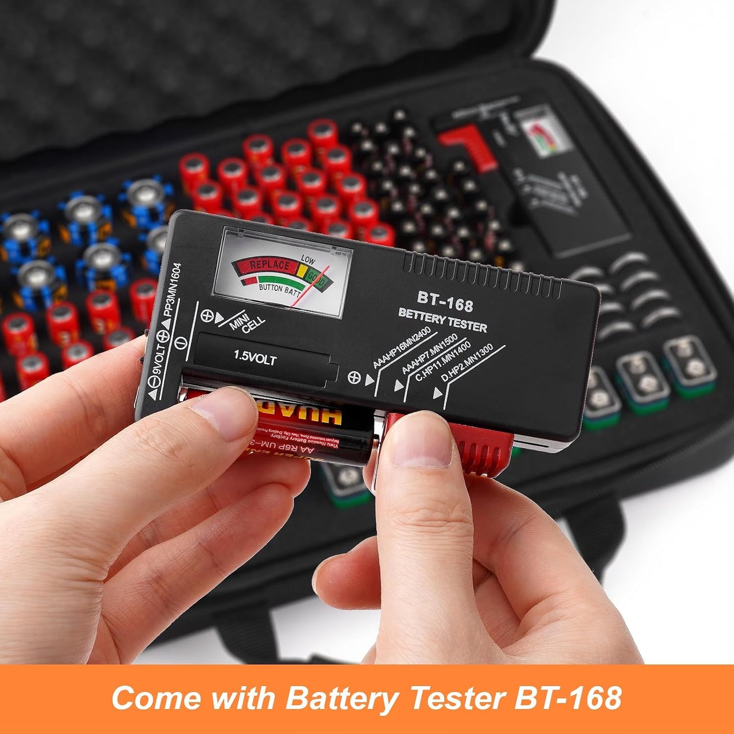 Arkeiliy Battery Organizer, Battery Organizer Storage Case with Tester BT-168, Waterproof Battery Holder Box Holds, Battery Case Organizer 60+ AA AAA C D 9V Batteries (Batteries are Not Included)