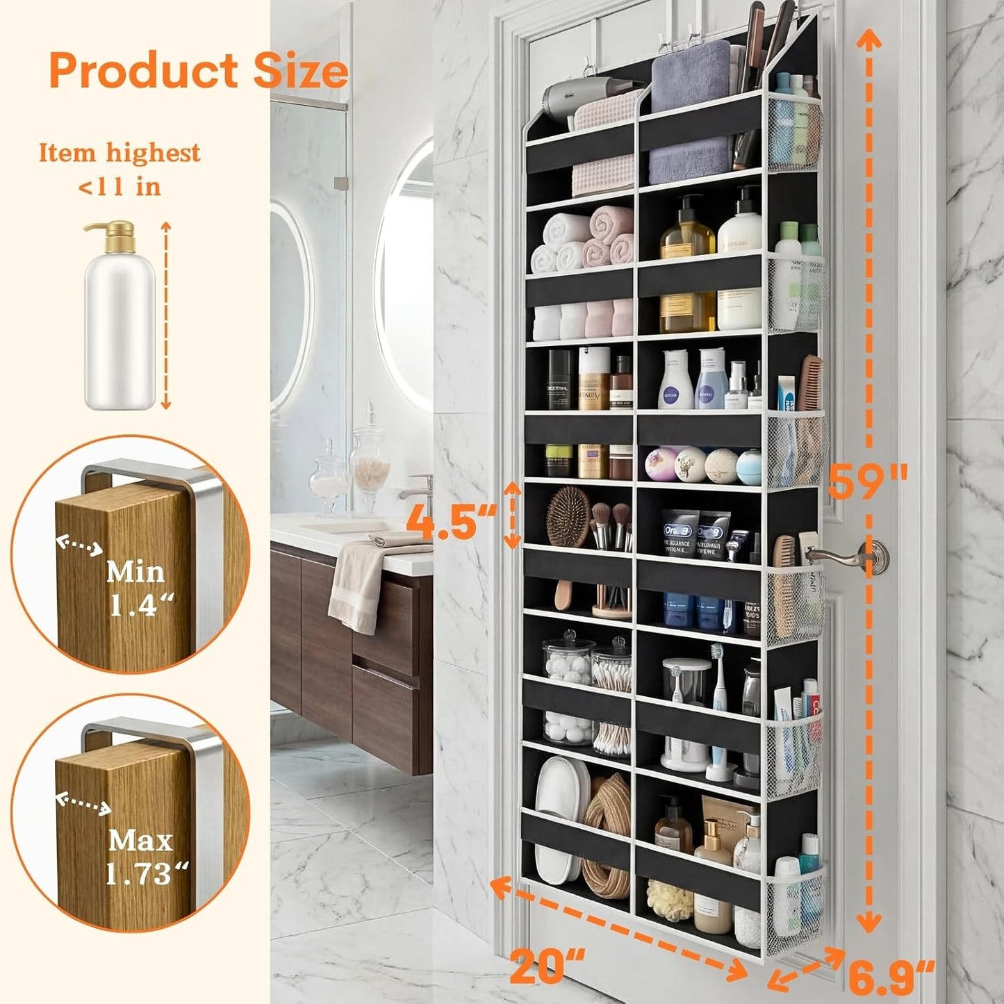 Over The Door Organizer, 5-Tier Extra Large Behind Door Storage with 10 Big Front & 10 Mesh Pockets, 80lb Capacity, Hanging Storage Organizer with Clear Window Kids Toys, Shoes, Diapers, Light Grey