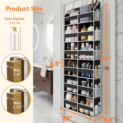 Over The Door Organizer, 5-Tier Extra Large Behind Door Storage with 10 Big Front & 10 Mesh Pockets, 80lb Capacity, Hanging Storage Organizer with Clear Window Kids Toys, Shoes, Diapers, Light Grey
