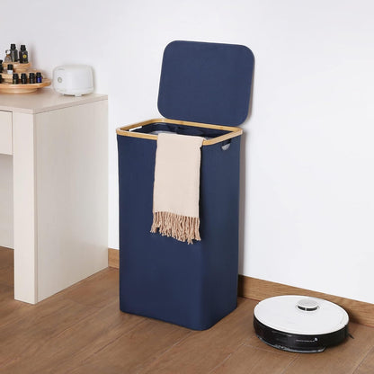 efluky Slim Laundry Basket with Lid, Narrow Laundry Hamper with Removable Bag, Skinny Dirty Clothes Basket with Bamboo Handles for Bathroom, Bedroom & Laundry Room, 75L Beige