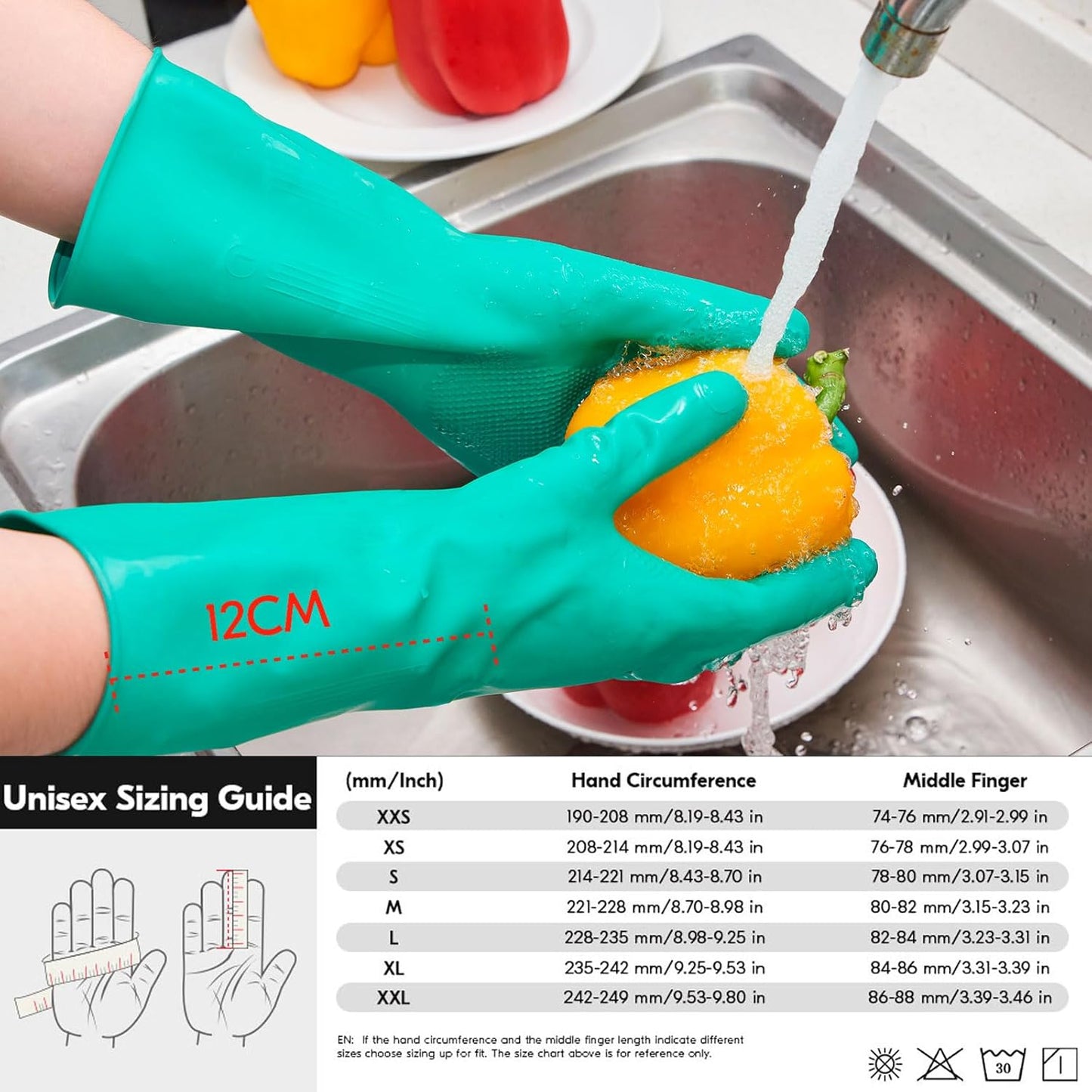 Vgo... 3-Pairs Reusable Household Gloves, Rubber Dishwashing gloves, Extra Thickness, Long Sleeves, Kitchen Cleaning, Working, Painting, Gardening, Pet Care (Size L, Yellow, HH4601)