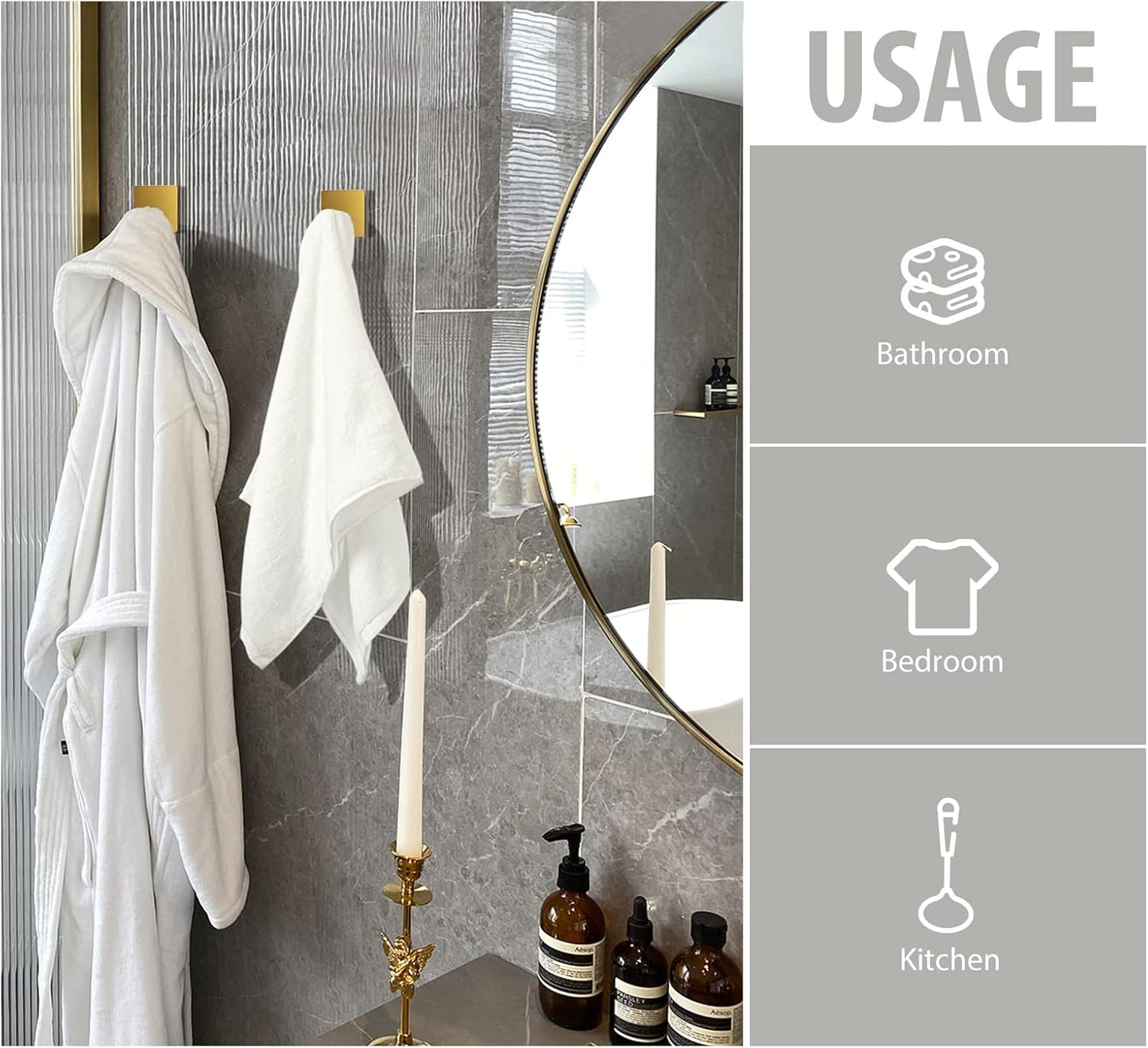 VIS'V Adhesive Towel Hooks, Waterproof Shower Wall Stick on Hooks, 2 Extra Adhesive Strips, White, 4 Pcs