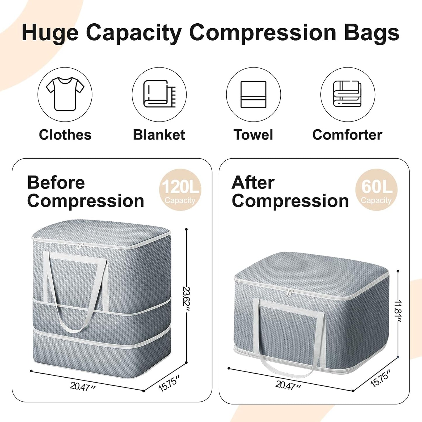 Comforter Storage Bag - Large Capacity Blanket Storage Bags 3-Layer Ultra Space Saving Self Compression Organizer, Washable Compression Bags for Storage Comforter Blanket, 2-Pack, Beige