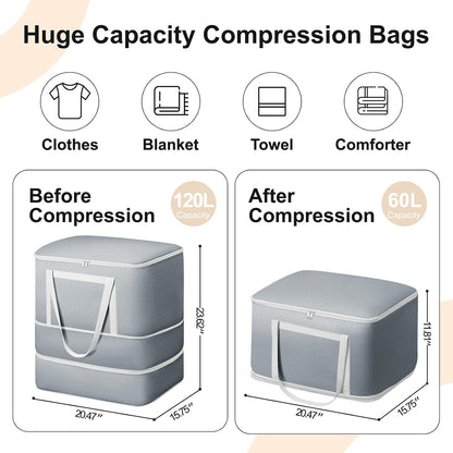 Comforter Storage Bag - 130L Large Capacity Blanket Storage Bags 4-Layer Ultra Space Saving Self Compression Organizer, Washable Compression Bags for Storage Comforter Blanket, 2-Pack, Beige