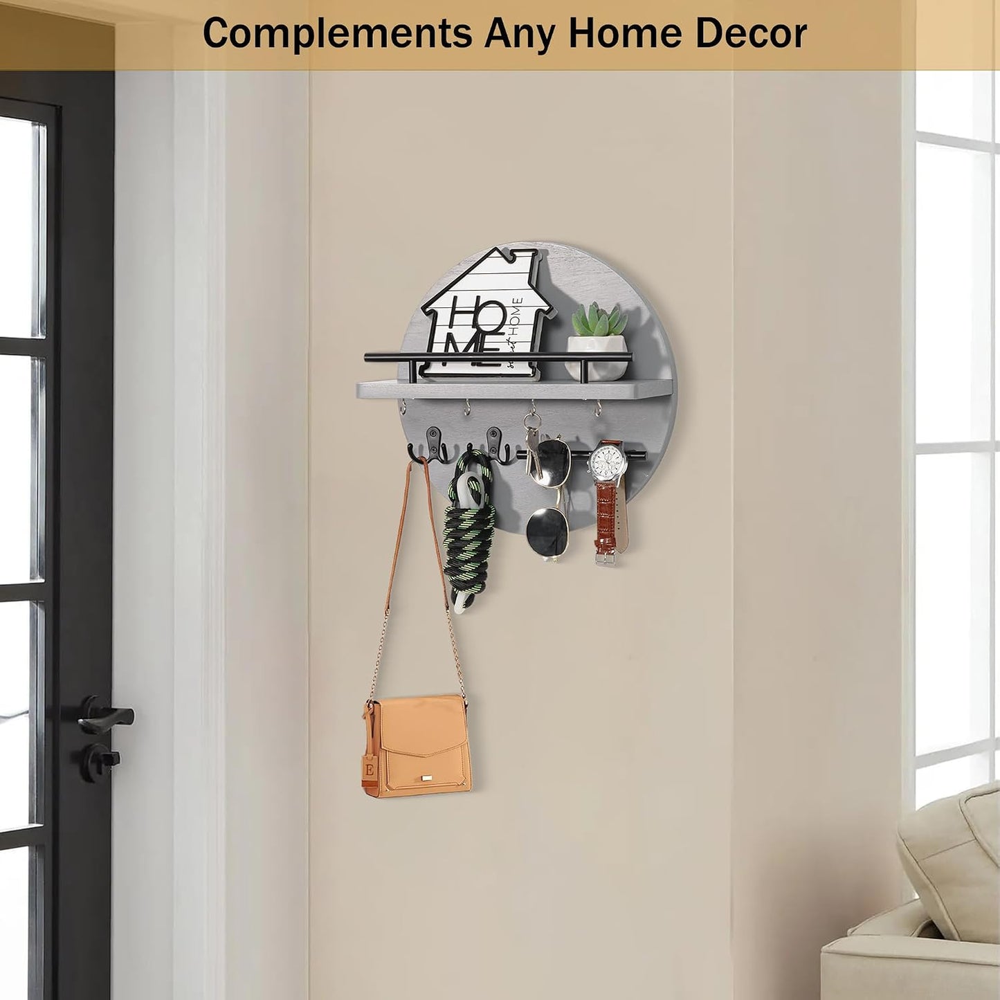 dreampossible Key Holder for Wall Decorative with Shelf and Hooks, Mail Organizer Wall Mount, Circular Design Entryway Key Rack Hanger, Rustic Home Decor (Black)