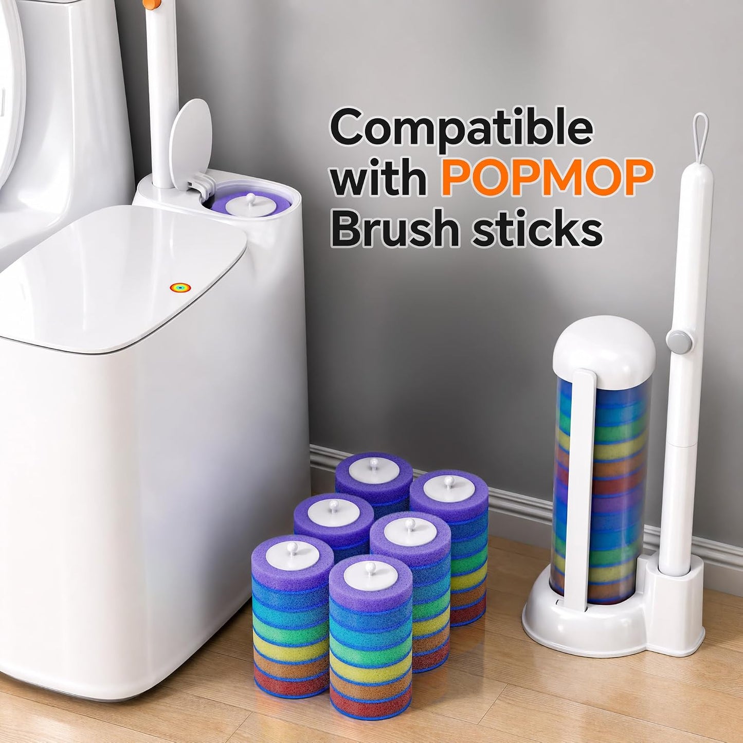 Disposable Toilet Brush and Holder Set - Hands-Free Eject Sponge Toilet Wand with Floor Standing Caddy, Secure-Lock Hangable Toilet Scrubber