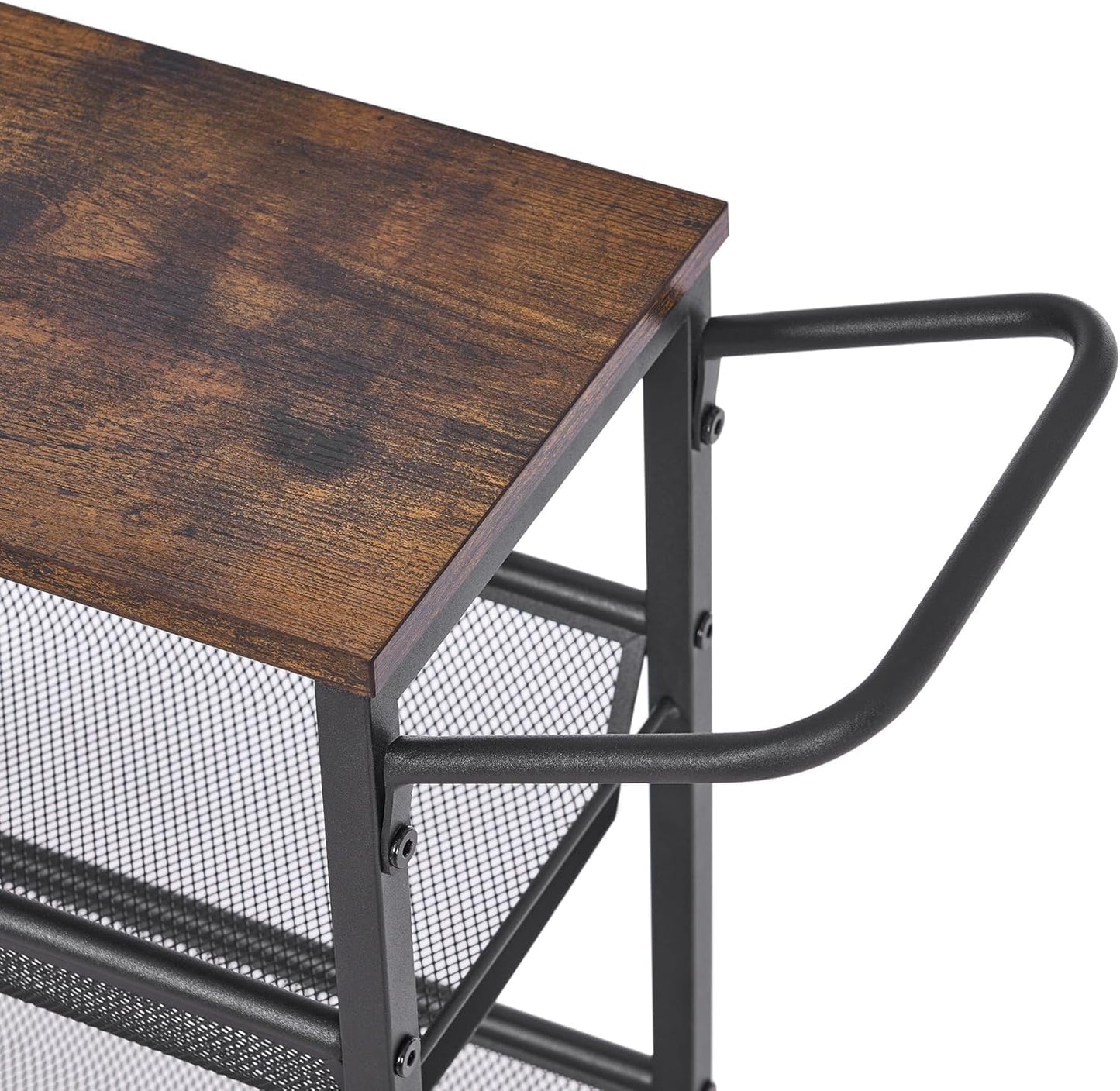 BEWISHOME Slim Rolling Cart, 4 Tier Storage Cart with Wheels & 2 S-Hooks, Utility Cart Snack Cart Rolling Storage Cart Bathroom Cart with Handle, Kitchen Chart with Metal Frame Rustic Brown KTC03Z