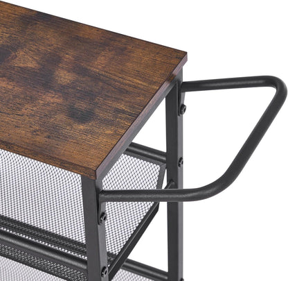 BEWISHOME Slim Rolling Cart, 4 Tier Storage Cart with Wheels & 2 S-Hooks, Utility Cart Snack Cart Rolling Storage Cart Bathroom Cart with Handle, Kitchen Chart with Metal Frame Rustic Brown KTC03Z