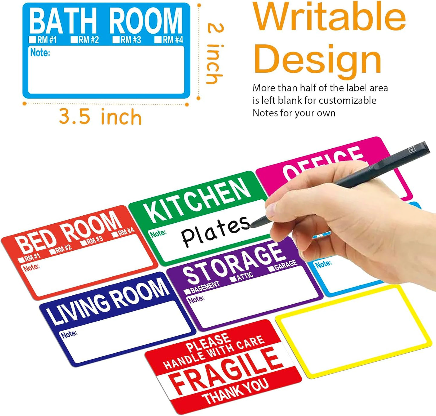 300 Count 3.5 x 2 Large Home Moving Packing Box Labels for 3-4 Bedroom House with Writable Notes Areas, 7 Color Coded Moving Labels for Boxes + Fragile Moving Stickers