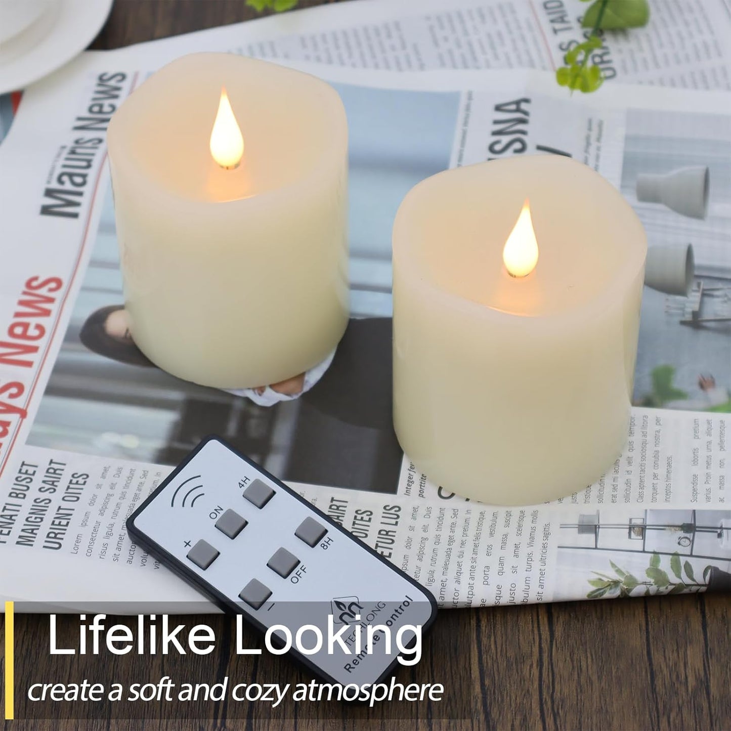 TECHLONG Flameless Candles Battery Operated with Remote Timer, 3D Moving Flame Flickering, Last 600+ Hours Battery Candles, 3" x 3" Ivory Real Wax Electric LED Candle for Wedding Party, Set of 2