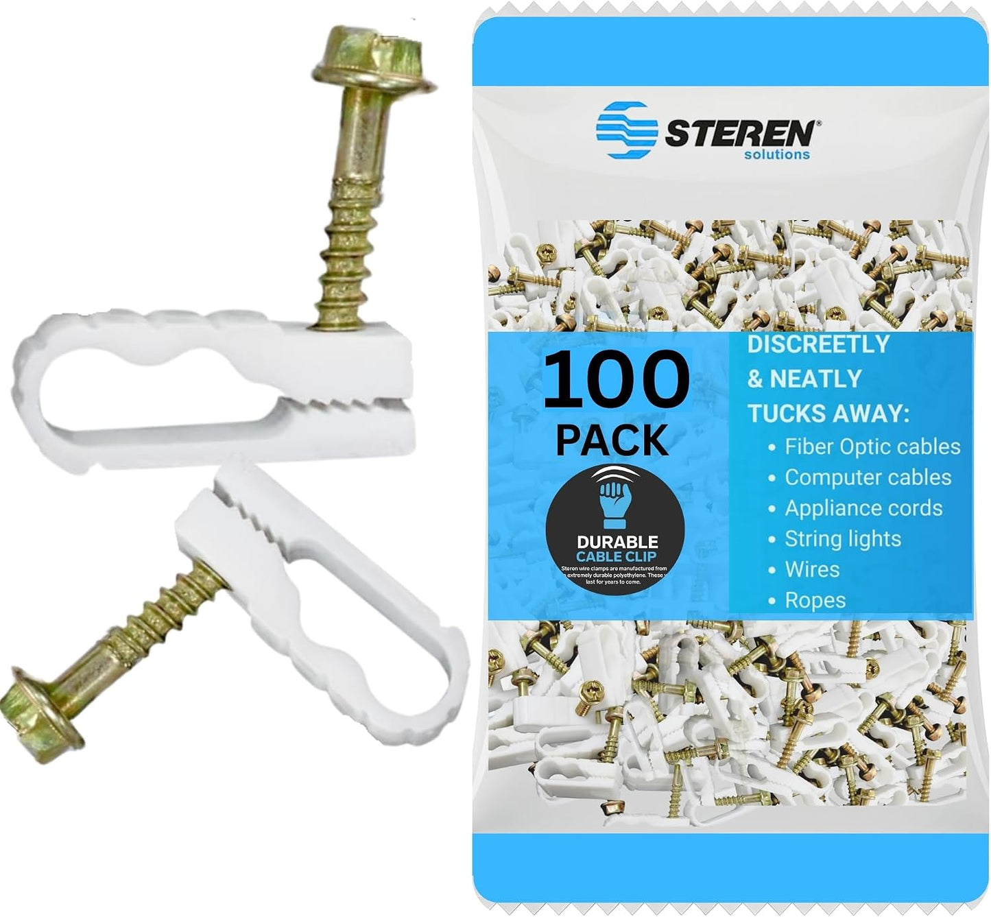 STEREN Coaxial Cable Clips - Cable Holder - Wire Clips - Siding Clips For Hanging - Cord Holder For Desk - Cable Clamps - Cord Clip - Wire Organizer Clips - Tv Mount Screws - Black - 100 Pack