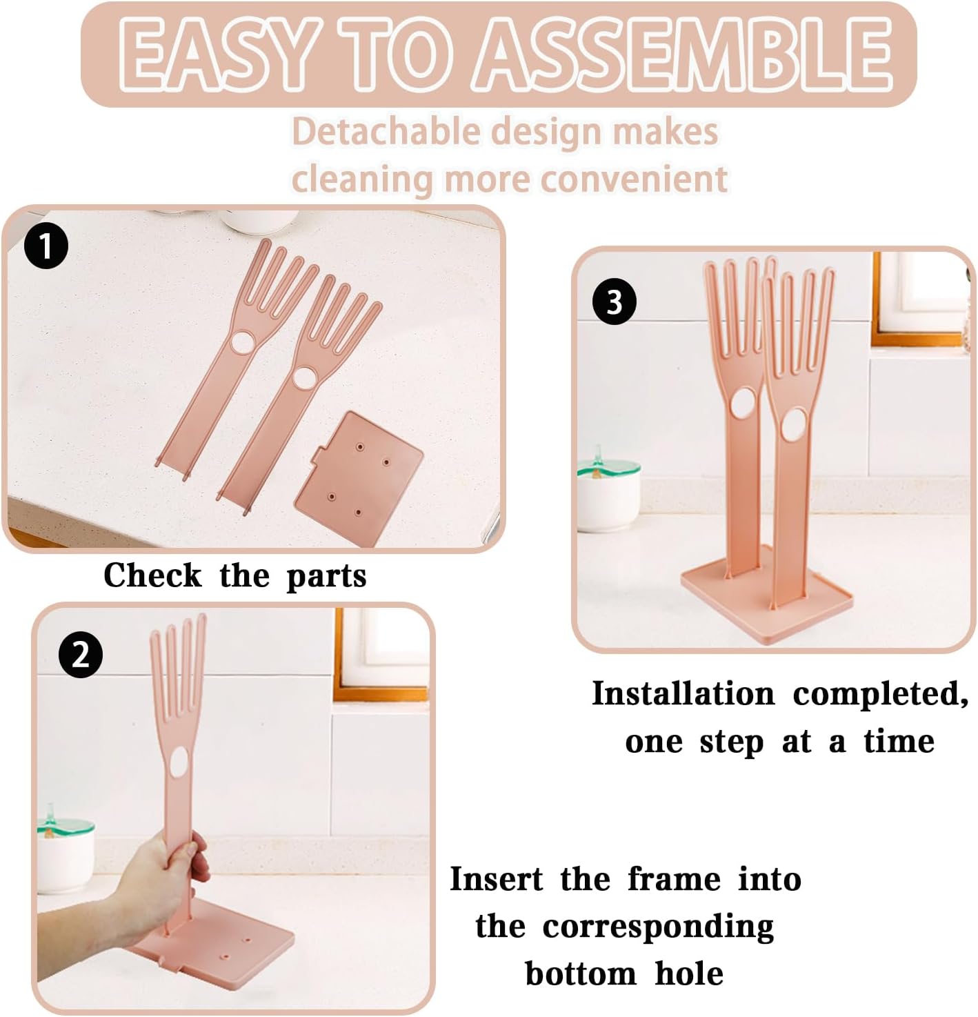 Kitchen Glove Holder - Reusable Plastic Dish Holder with Water Collection Tray, Countertop & Sink Rubber Glove Dryer, Space-Saving Organizer for Kitchen/Bar/Hotel, Pink (1 Pack)