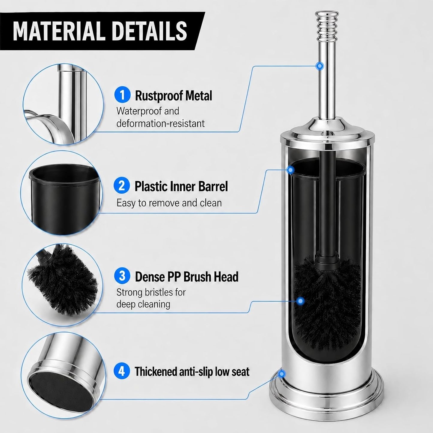Nickel Toilet Brush and Holder Set，Extra Long Handled Toilet Bowl Brush and Holder，Stainless Steel Heavy Duty Toilet Brush for Bathroom,Deep Cleaning Modern Toilet Cleaner Slip Base