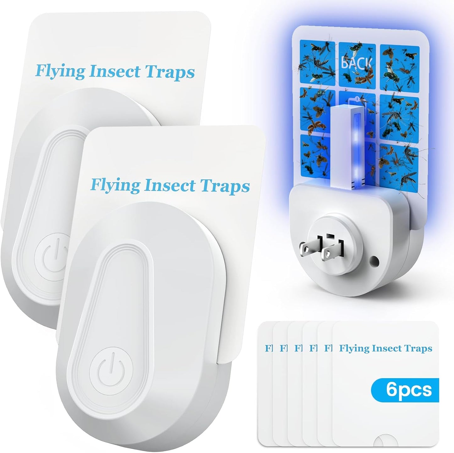 Indoor Fly Trap Plug-in Device, Fruit Fly and Gnat Trap with 2 Traps and 6 Sticky Refills, Flying Insect Catcher for Mosquitoes, Moths, and Household Flying Bugs (2, White)