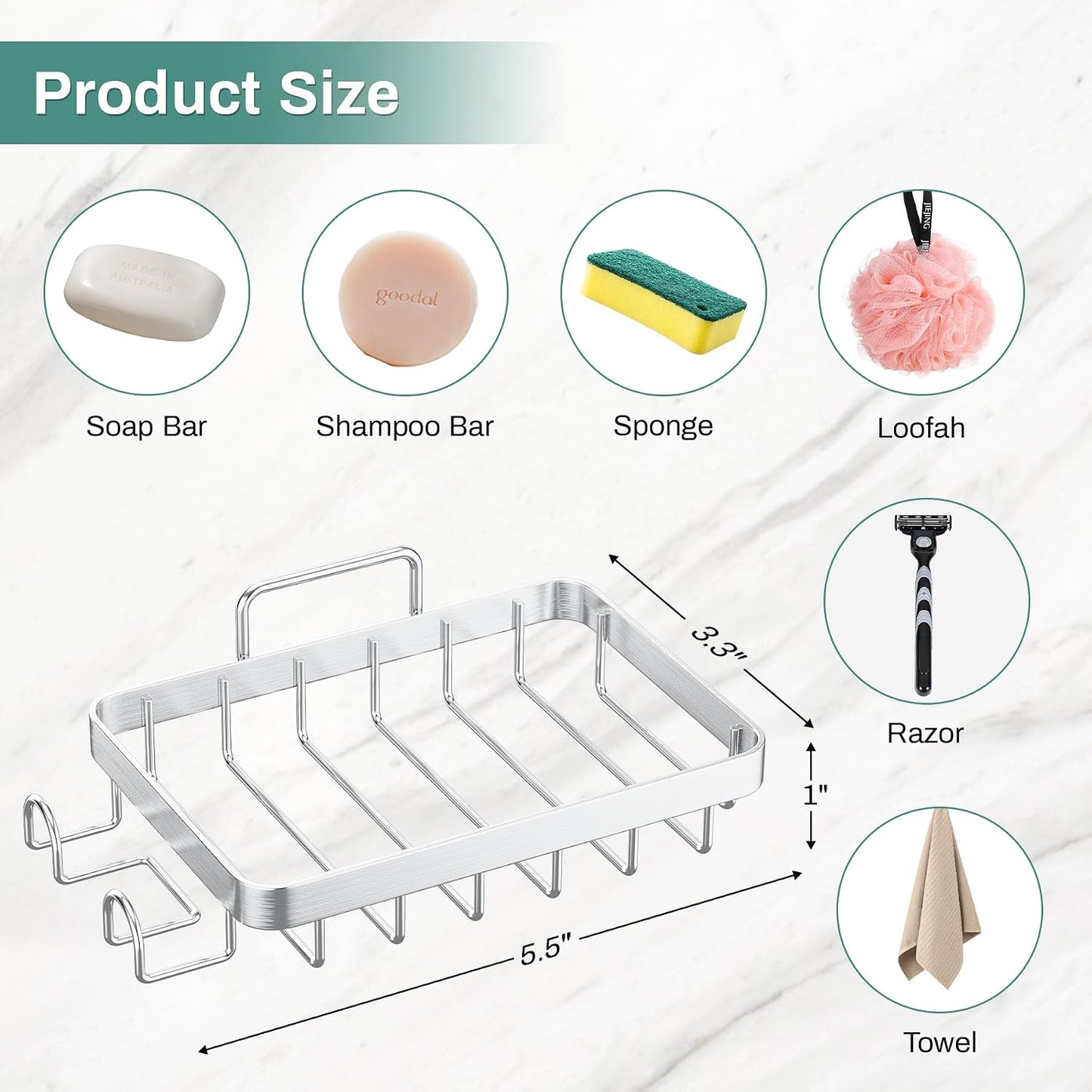 Adhesive Soap Bar Holder for Shower Wall, Self Draining Soap Dish Container Caddy Saver with 2 Hooks for Razor Loofah, Shampoo Sponge Tray Case Box for Bathroom Kitchen Sink, Black