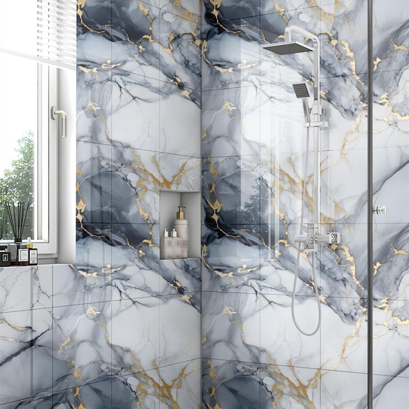 Chejiaye 10pcs Marble Peel and Stick Backsplash Waterproof Washroom Wall Panels, Peel and Stick Tile, PVC Foam Wall Panels for Kitchen,Bathroom,Living Room,Blue and Gold(Not Real Tile,11.8" x 11.8")