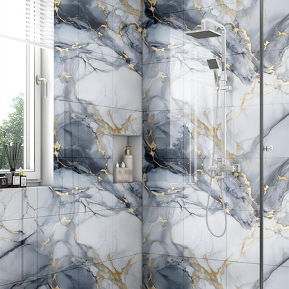 Chejiaye 10pcs Marble Peel and Stick Backsplash Waterproof Washroom Wall Panels, Peel and Stick Tile, PVC Foam Wall Panels for Kitchen,Bathroom,Living Room,Blue and Gold(Not Real Tile,11.8" x 11.8")