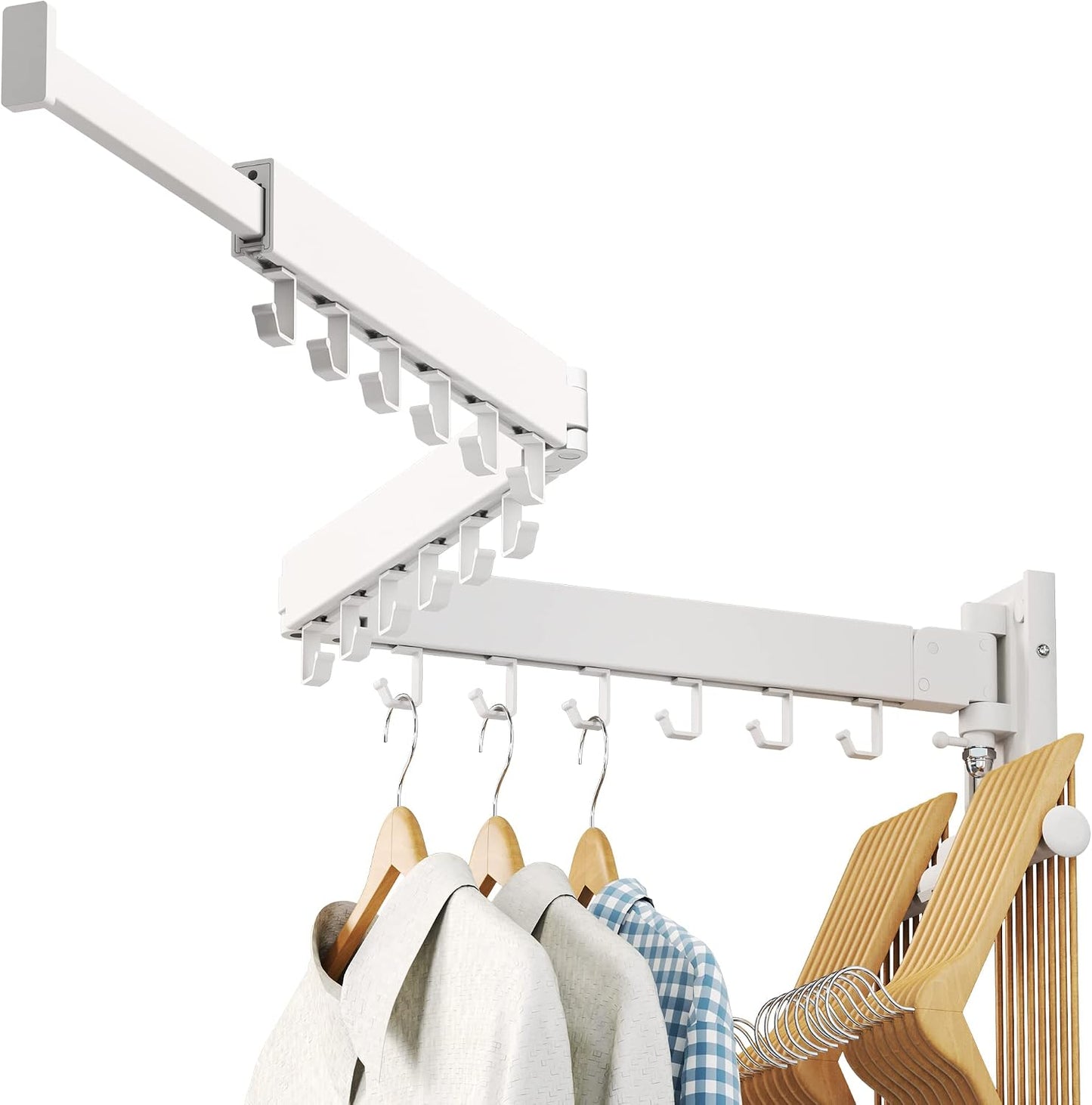 LIENAHU Wall Mounted Clothes Drying Rack, Collapsible, Folding, Retractable - Clothes Hanging Rack (Hooks, White)