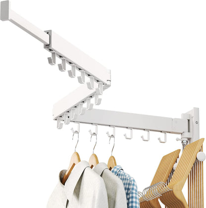 LIENAHU Wall Mounted Clothes Drying Rack, Collapsible, Folding, Retractable - Clothes Hanging Rack (Hooks, White)