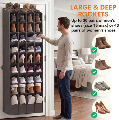 Ofiray-home 30-40 Pairs Over the Door Shoe Organizer | Large & Deep Pockets, Fits Boots, Sneakers or Larger Shoes, Space-Saving Hanging Shoe Rack