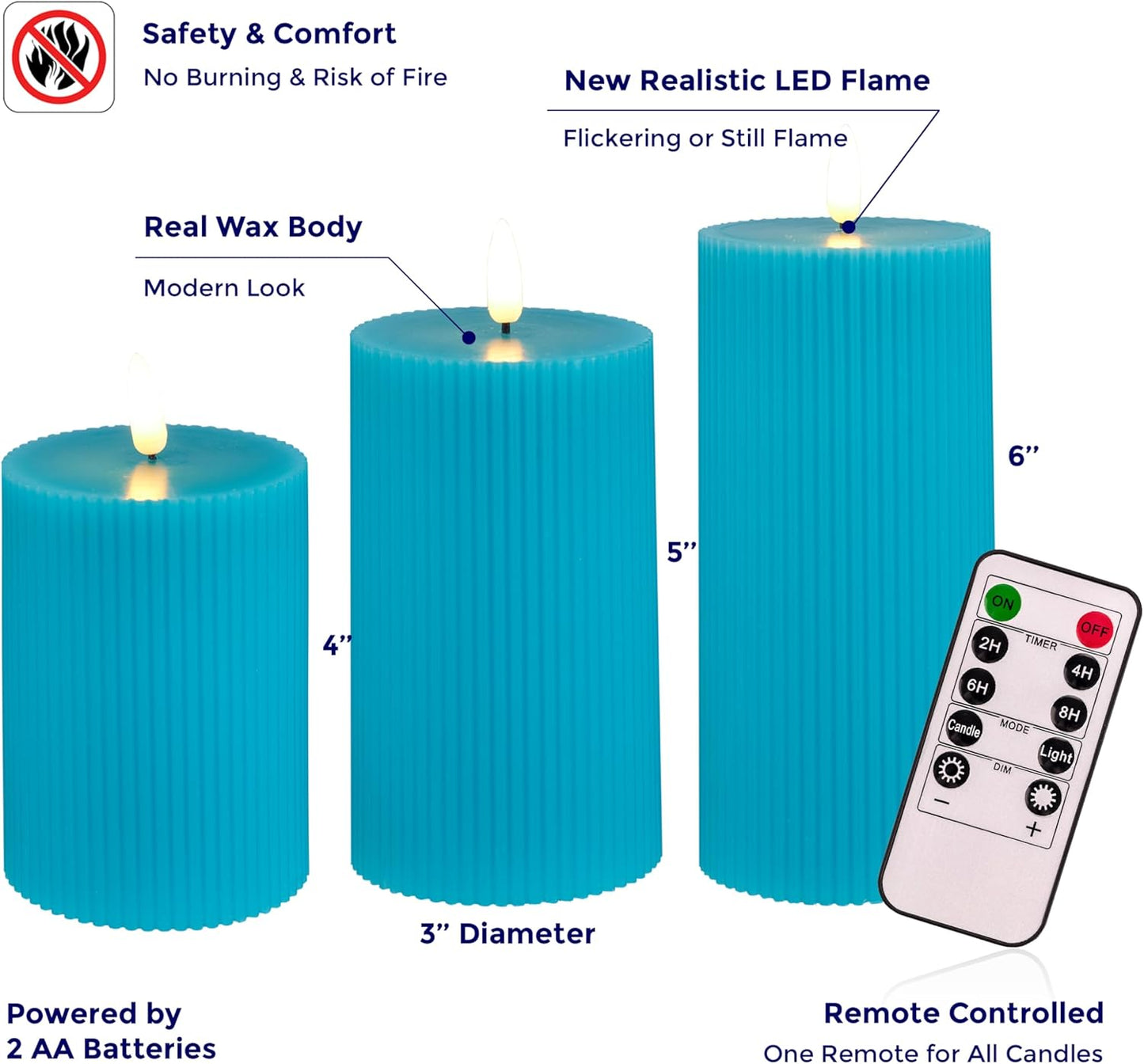 VENTA Set of 3 White Pillar Candles | Real Wax Battery Operated Flickering LED Candles with Remote | Timeless Decor for Farmhouse, Modern & Mantel Displays