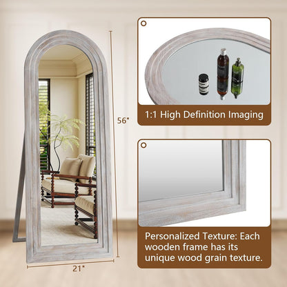 MELOMOIR Arched Full Length Mirror with Solid Wood Frame, 56"x21" Rustic Farmhouse Floor Mirror with Stand, Free Standing Leaning Hanging, for Bedroom Living Room Dressing Room Entryway, Brown