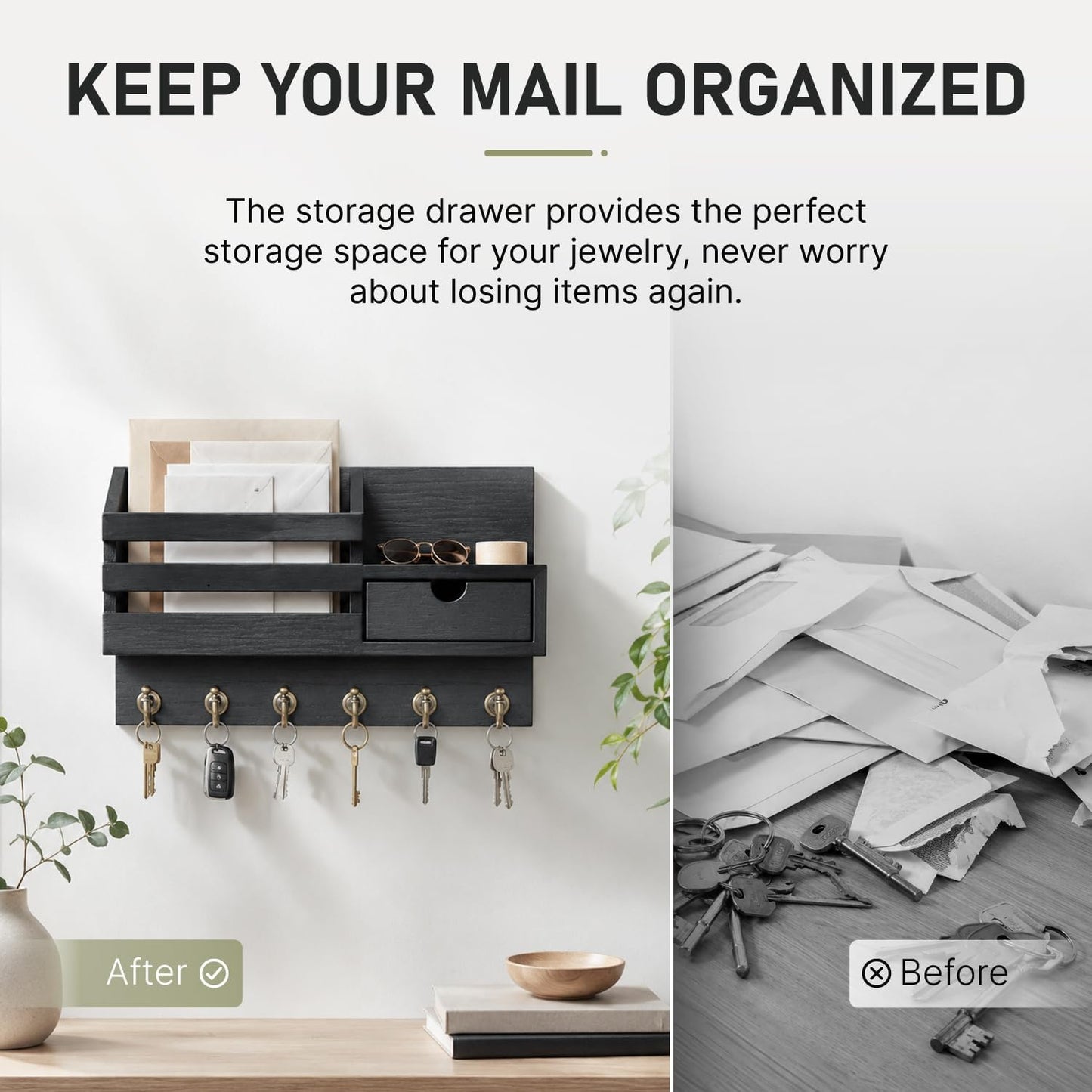 FifthQuarter Key Holder Wall Mount: Key and Mail Holder for Wall with 6 Hooks and Storage Drawer, Easy Installation Key Rack for Entryway Home Decor (A-White)