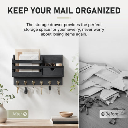 FifthQuarter Key Holder Wall Mount: Key and Mail Holder for Wall with 6 Hooks and Storage Drawer, Easy Installation Key Rack for Entryway Home Decor (A-White)