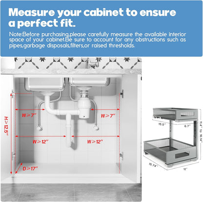 2-Pack Under Sink Storage Organizer, Large 2-Tier Elegant Mesh Pull Out Shelf for Kitchen and Bathroom Cabinet Organization, L-Shaped and Adjustable Height Design,Patent Pending-Black