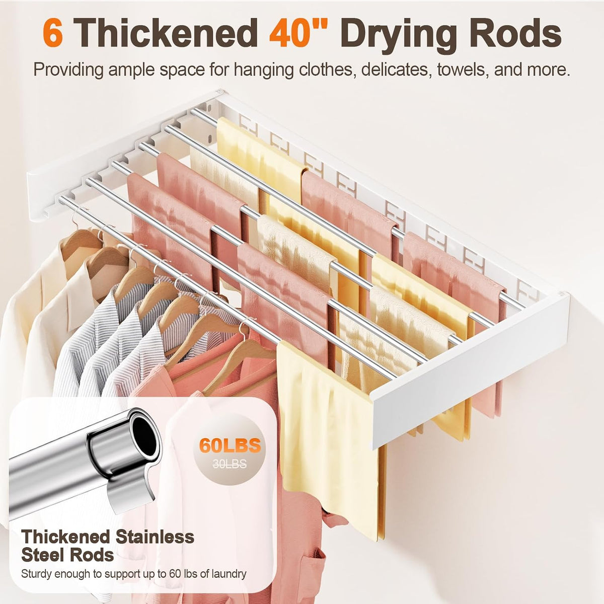 Wall Mounted Clothes Drying Rack Folding Indoor, Foldable Laundry Drying Rack Collapsible,Invisible, Space Saving, Retractable Towel Drying Rack, with Wall Template(5 Drying Rods, White 32")