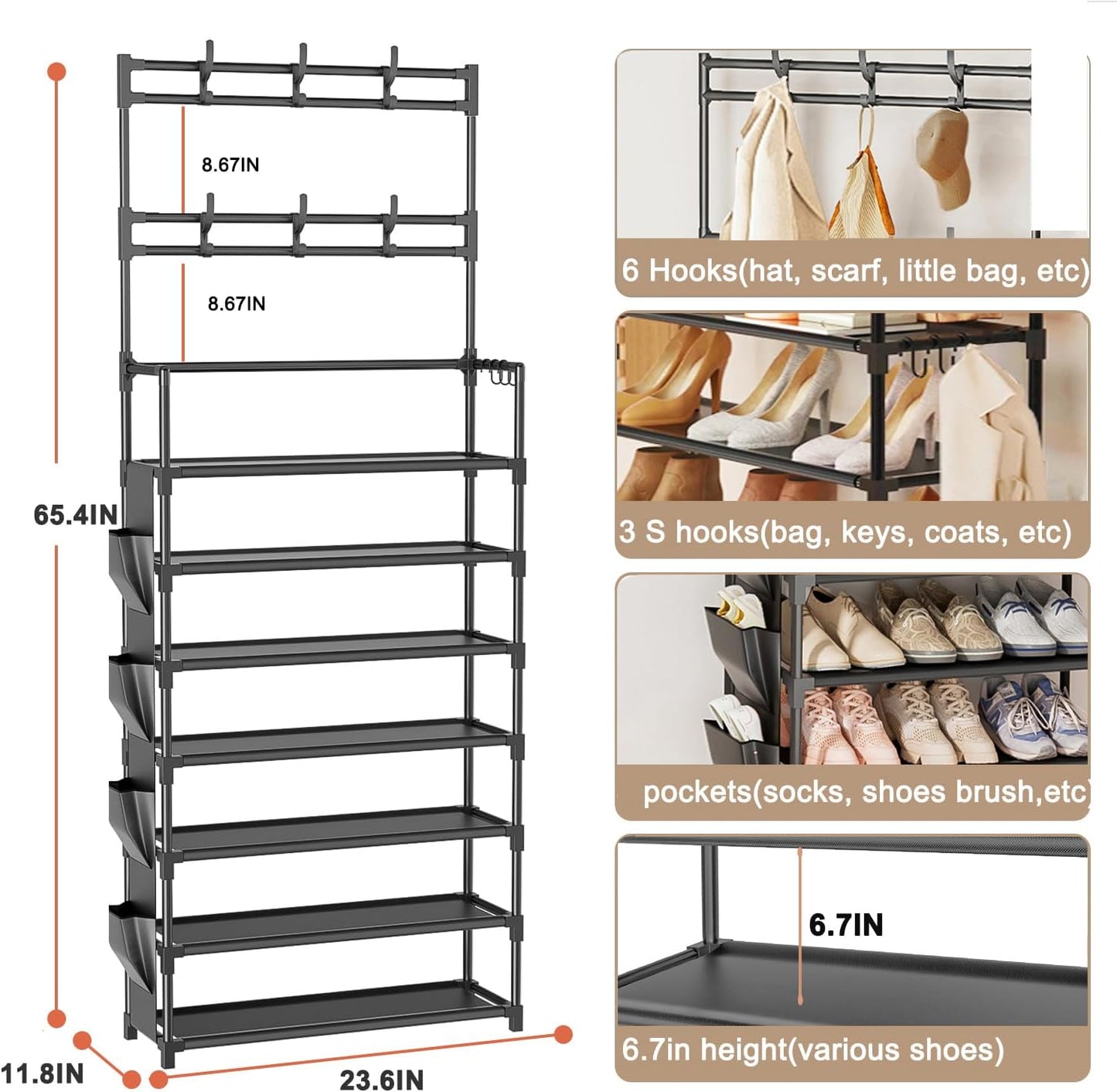 OYREL Shoe Rack 5 Tier Shoe Organizer Storage 15-20 Pairs Shoes Rack for Closet Entrance Shoe Rack Organizer with Hooks and Side Pocket Entryway Shoe Holder Space Saving Free Standing Shoe Racks