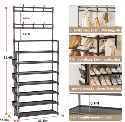 OYREL Shoe Rack 5 Tier Shoe Organizer Storage 15-20 Pairs Shoes Rack for Closet Entrance Shoe Rack Organizer with Hooks and Side Pocket Entryway Shoe Holder Space Saving Free Standing Shoe Racks