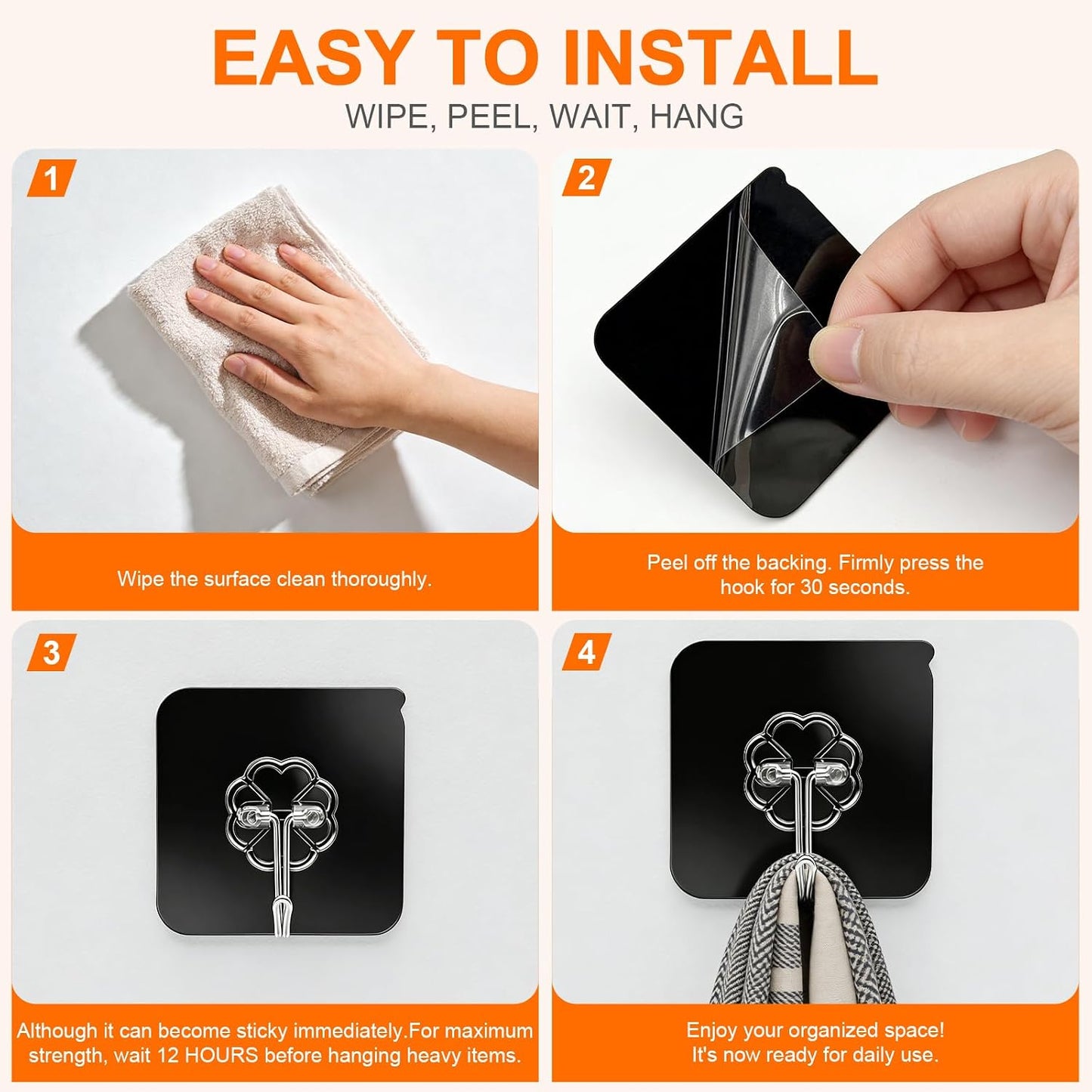 Adhesive Wall Hooks for Hanging Heavy Duty 50 lbs Large Hooks for Walls No Damage, Towel Sticky Clear Hook, Waterproof, Home, Bathroom, Kitchen, Office, and Outdoor 10 Pack