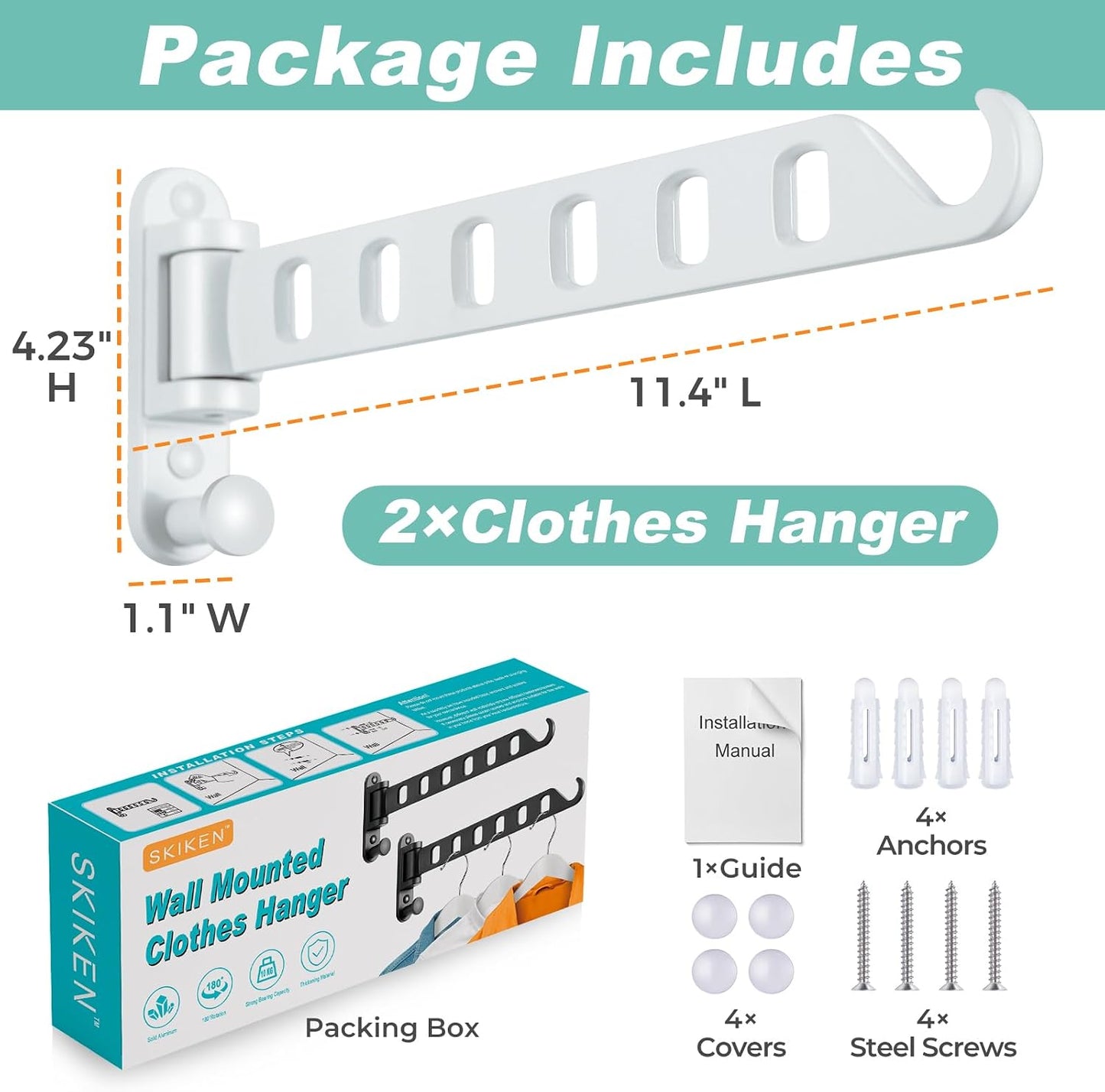 Wall Mounted Clothes Hanger with Swing Arm - 8-Hole Laundry Room Drying Rack | 180° Rotation & Space Saving for Hanging Clothes | Swing Away Coat Hanger | Aluminium(2-Pack, White)