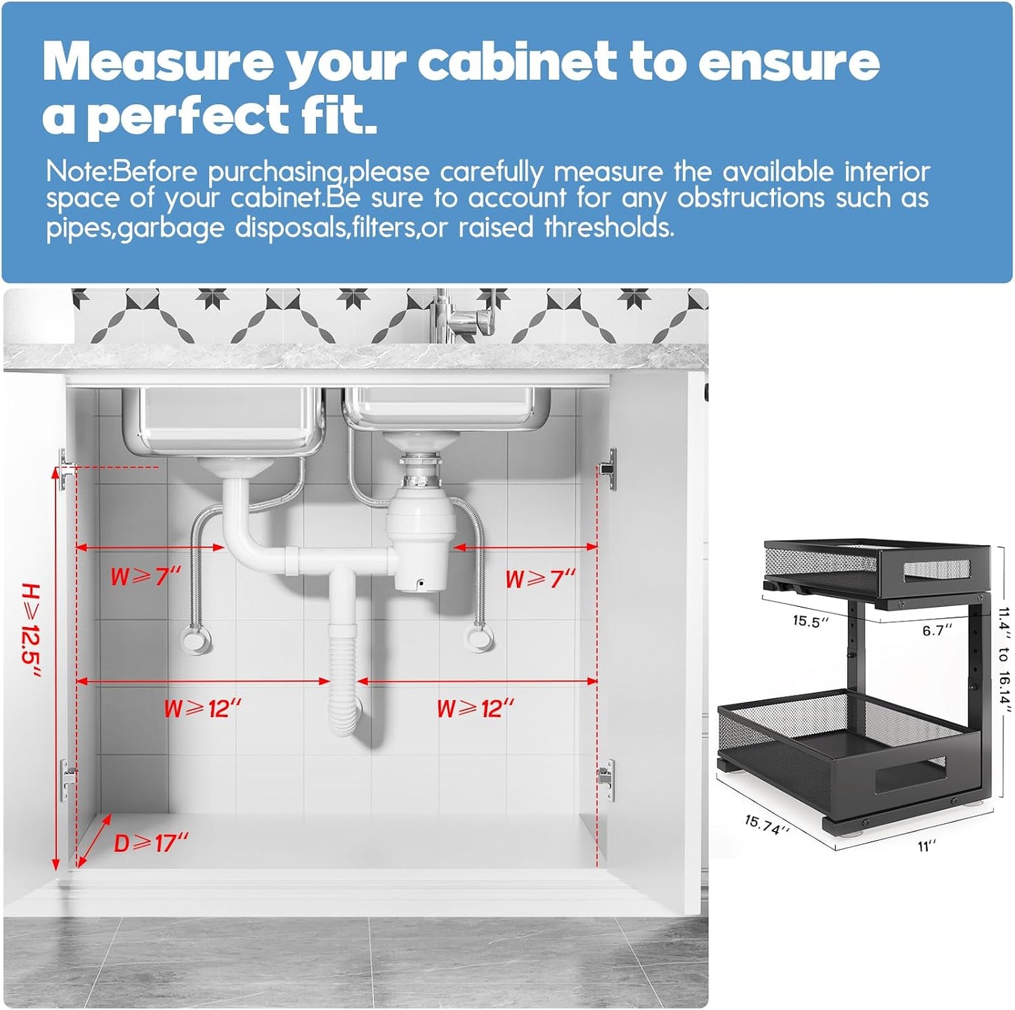 2-Pack Under Sink Storage Organizer, Large 2-Tier Elegant Mesh Pull Out Shelf for Kitchen and Bathroom Cabinet Organization, L-Shaped and Adjustable Height Design,Patent Pending-Black