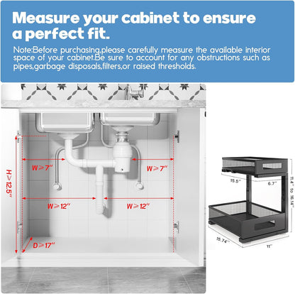 2-Pack Under Sink Storage Organizer, Large 2-Tier Elegant Mesh Pull Out Shelf for Kitchen and Bathroom Cabinet Organization, L-Shaped and Adjustable Height Design,Patent Pending-Black