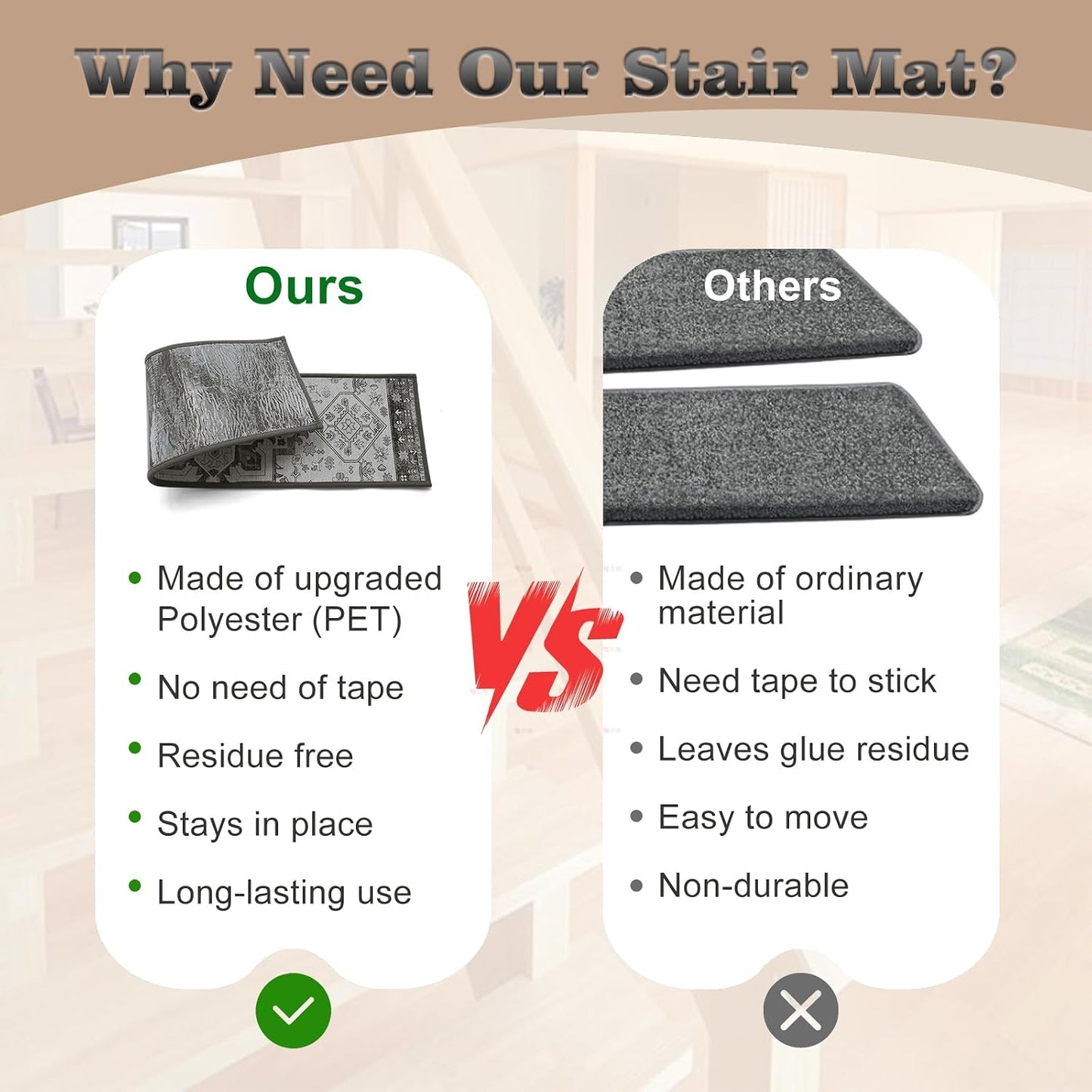 Non Slip Stair Treads for Wooden Steps, 15 Pack 8"x30" Washable Carpet | 8x30 in soft chenille polyester stair treads with reusable TPE backing for indoor wood stairs, dogs, kids, and seniors