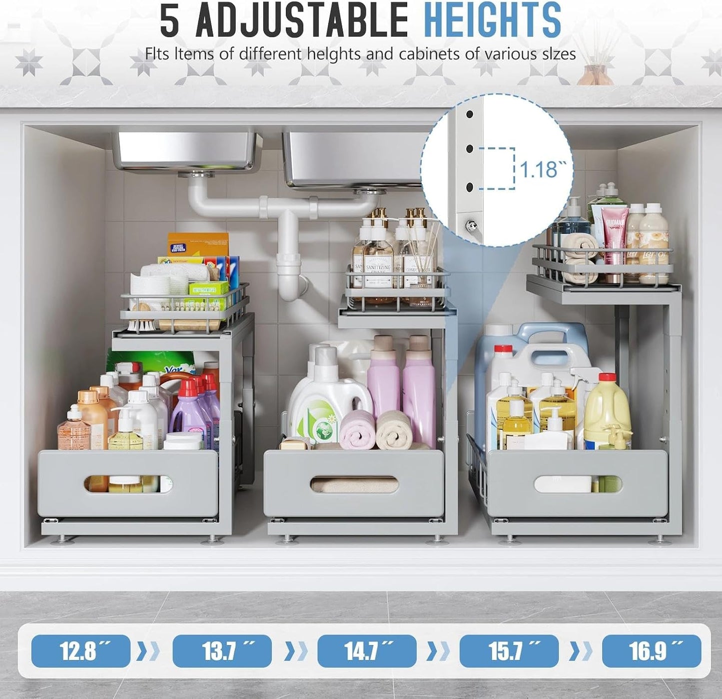Under Sink Organizer Upgrade To Professional Rails,2-Tier Dual Pull Out Cabinet Storage,Height Adjustable Slide Out Drawers For Bathroom Kitchen,2 Pack-14.5" Dx12.8-16.9" H,White