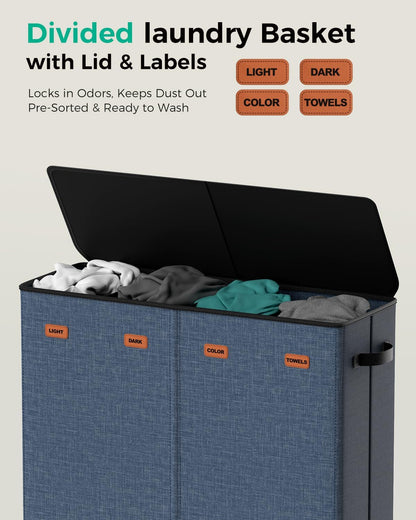 185L Laundry Hamper 3 Section with Lid & Removable Bags | Collapsible laundry basket organizer for laundry room, bedroom & dorm with 3 removable washing bags