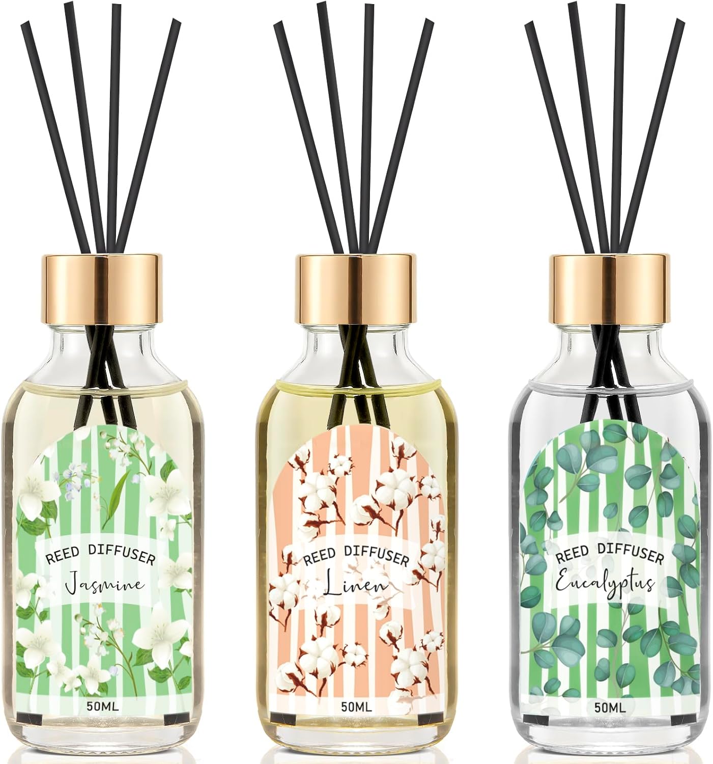 Reed Diffuser Set of 3 Pack, Linen Vanilla Citrus Scented Oil Diffuser with 15 Sticks, Reed Diffusers for Home, Bathroom Air Freshener, 1.7 Fl.oz Each, Total 5.1 Oz