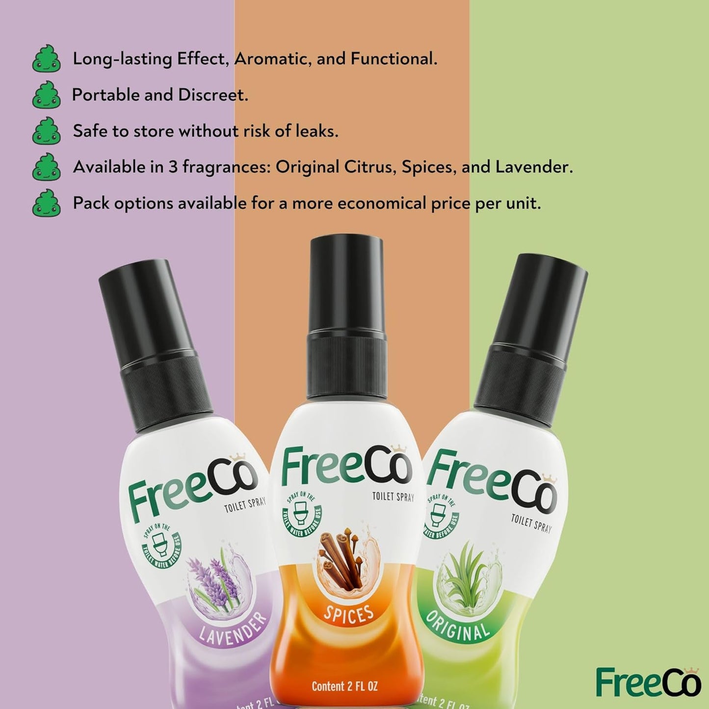 Freeco Before-you-go Toilet Spray | Stops odor Before it Begins with Essential Oils | Ideal for Home, Office, Public Spaces & Travel | 2 fl oz (1 Bottle), Original Citrus Scent