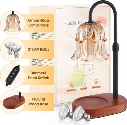 Candle Warmer Lamp Adjustable Timer - Electric Flower Glass Candles Warmers Adjustable Height Dimmable Vintage Base Modern Wax Candles Top Warmers for Small Jar Scented Wax Melts