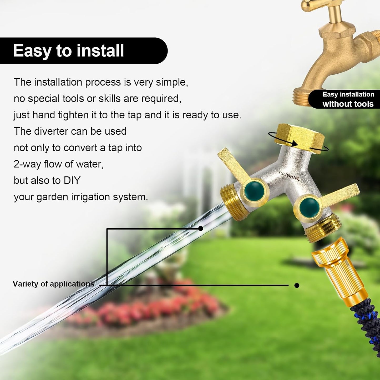 Hose Splitter 2 Way, Y-Valve Water Spigot Splitter, High Flow Faucet Splitter, 3/4" GHT Thickened Hexagonal Water Inlet with 2 Garden Hose Coiled Spring Protectors and 2 More Extension Handles