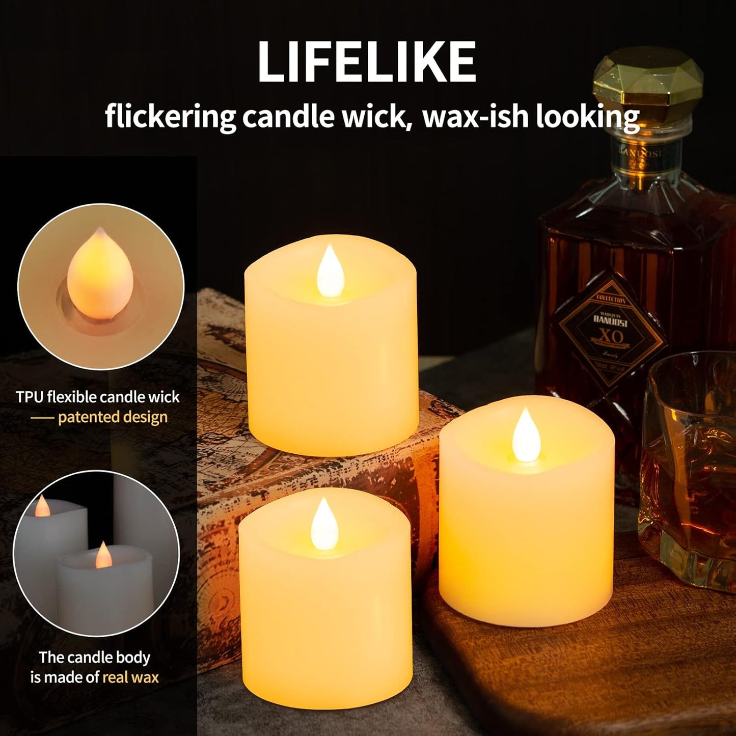 3x3 Flickering Flameless Candles Set of 2, 2AA Battery Life 600 Hours Battery Candles Flickering with Timer,3 inch Flameless Candles with Remote for Indoor/Outdoor, Ivory